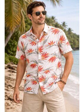 Avanti Men’s Tropical Bird of Paradise Hawaiian Shirt Short Sleeve Button Up Flo